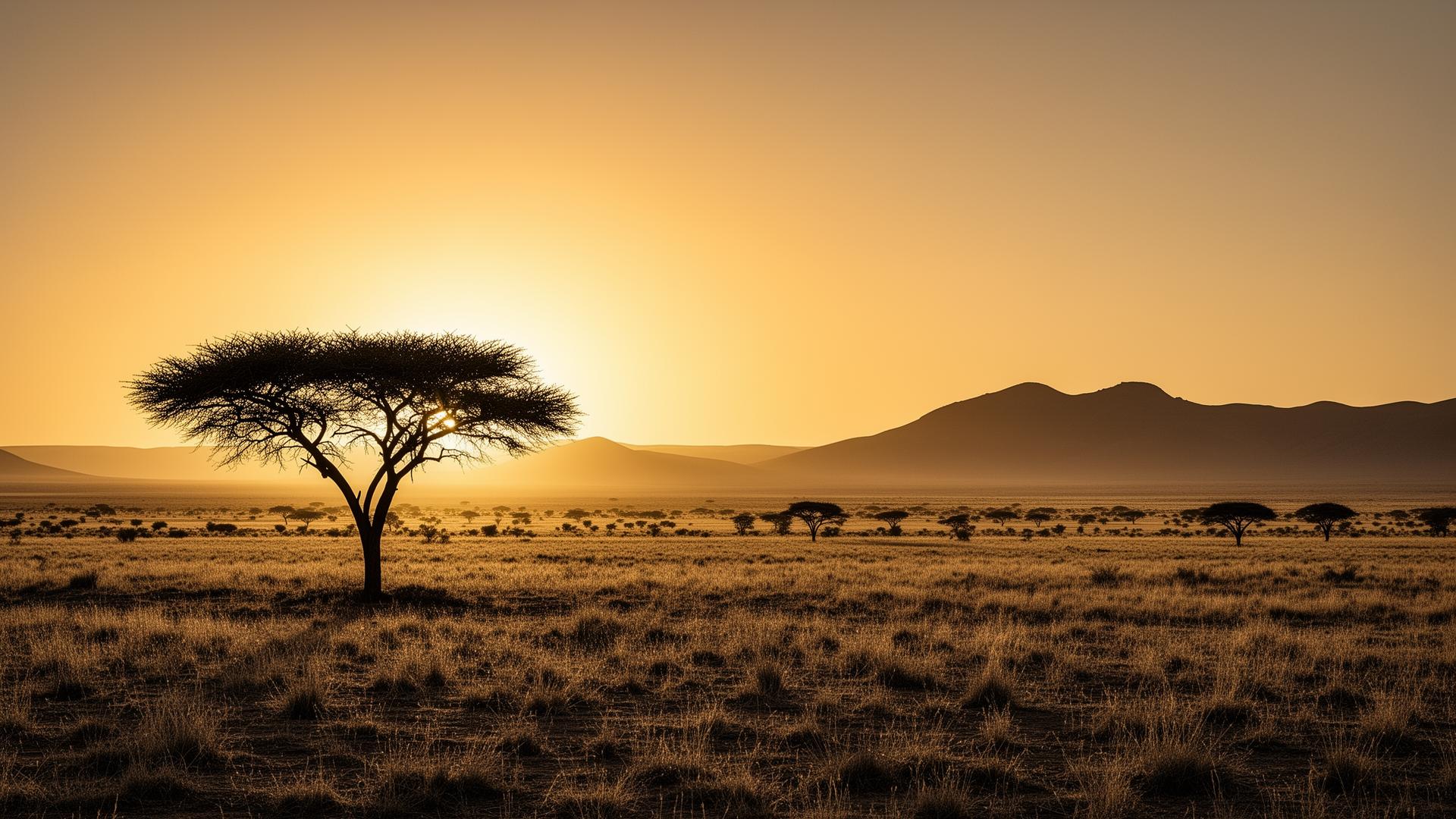 Acacia tree on Namibian savanna at sunrise