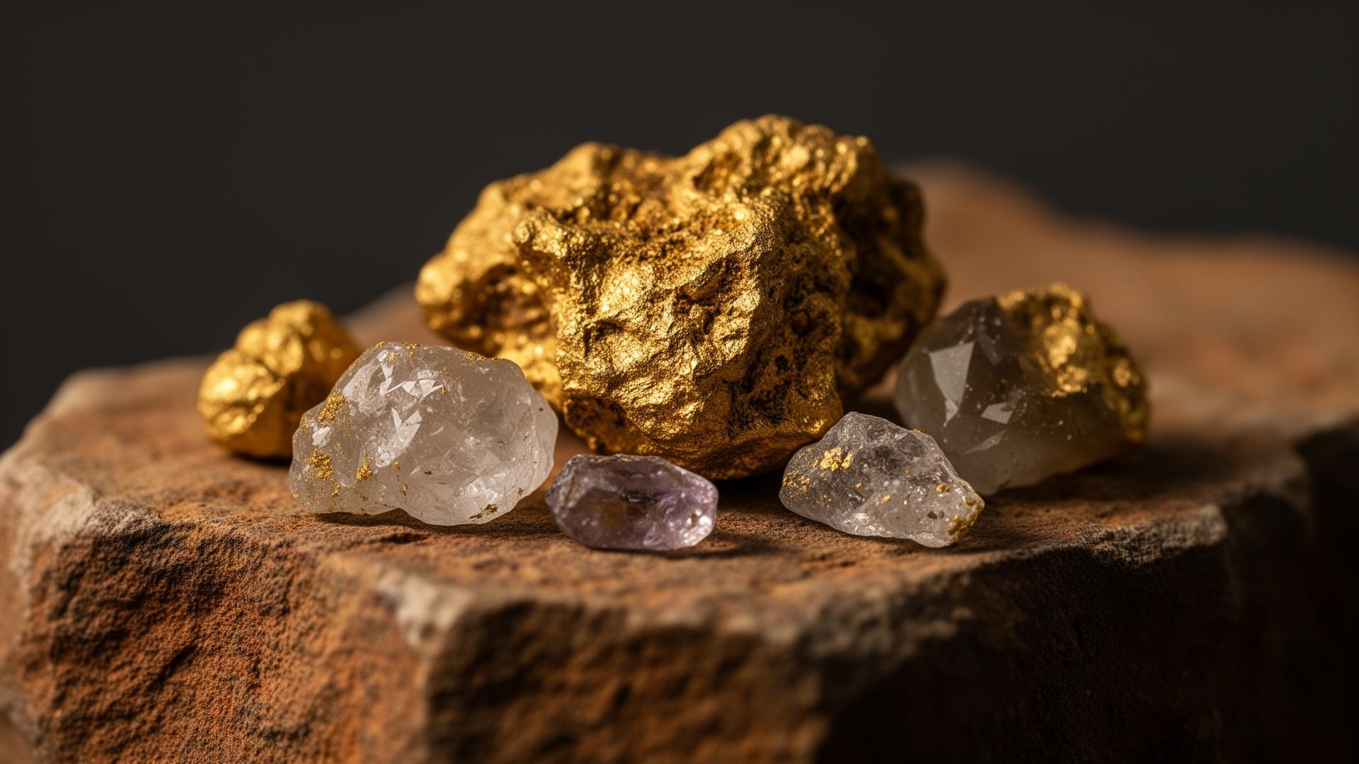 Raw gold ore and uncut gemstones on Namibian stone